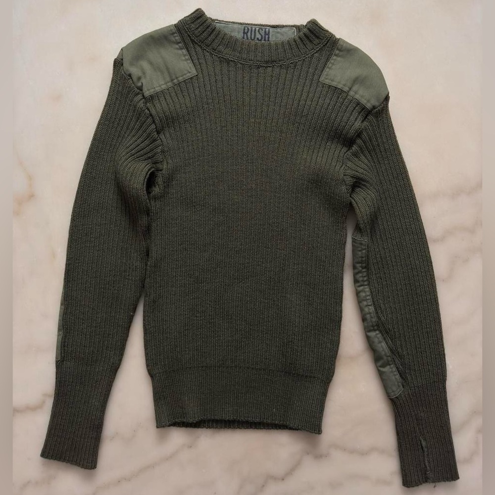 Vintage Olive Green Military Commando Sweater with Elbow Patches Ribbed Knit